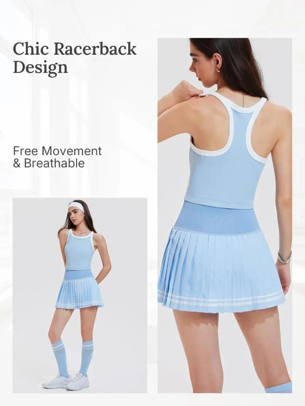 Women's Sky Blue 2 Piece Racer Back Tennis Skirt Tank Top Pull On Golf Dress